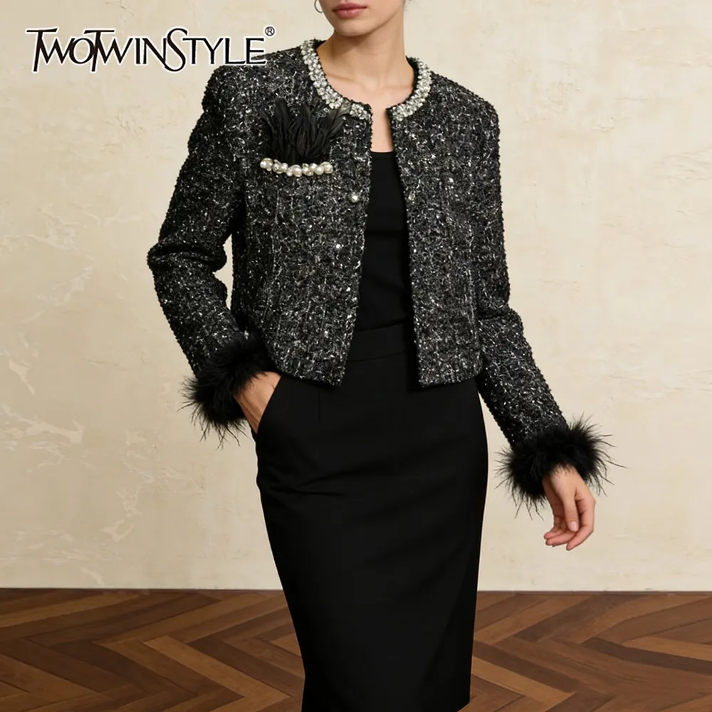 

TWOTWINSTYLE, черная шикарная куртка с блестками, женская свободная элегантная куртка с круглым вырезом и длинными рукавами, модная осенняя куртка