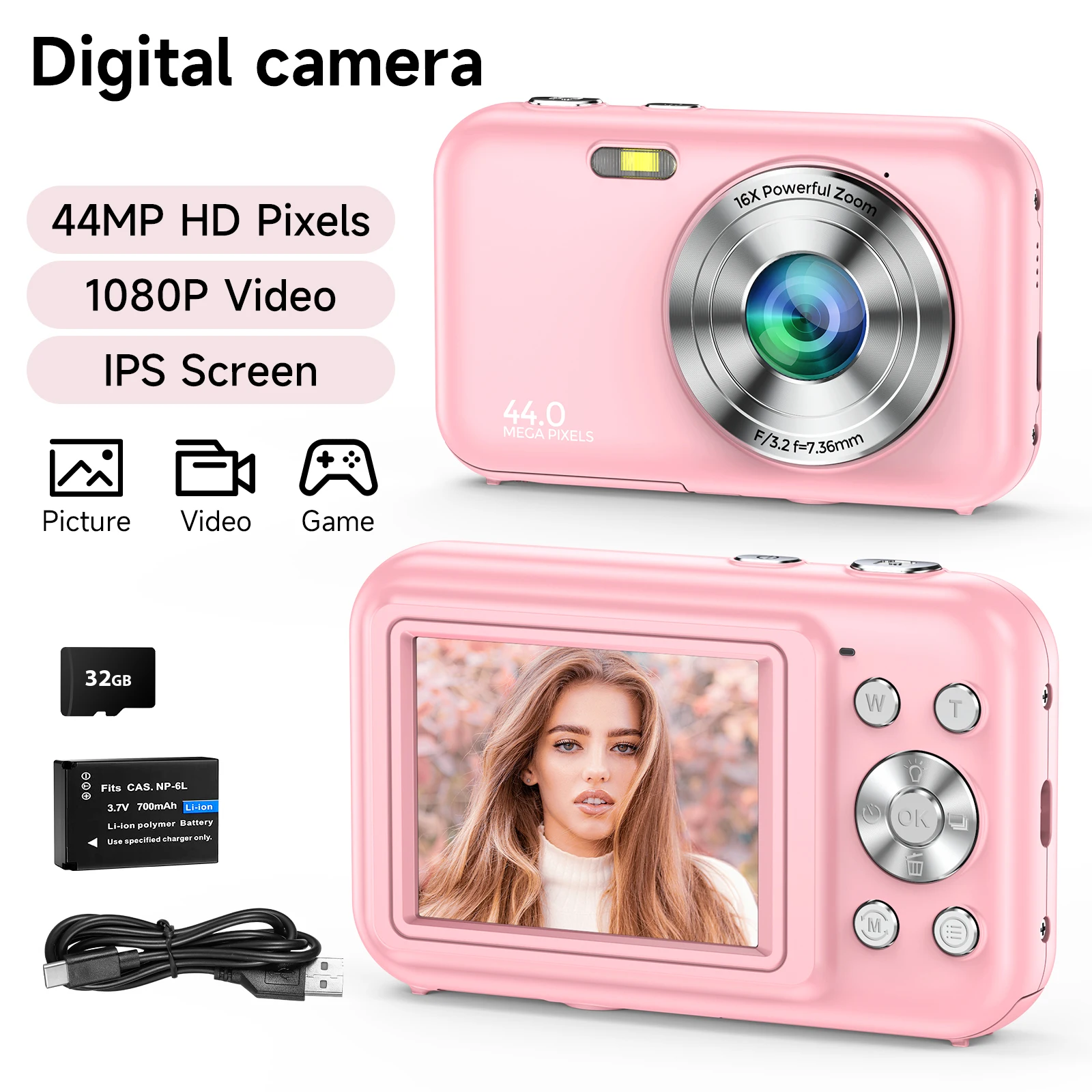 

1080P 44MP Digital Point and Shoot Camera with 32GB TF Card,16X Zoom,Compact Small Camera for Students,Great Gift for Holidays