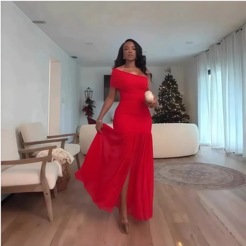 Women Long Dress Elegant Summer Sleeveless Slope Neck Pleated Slim Fit Slit Party Dresses One Shoulder High Waist Evening Dress