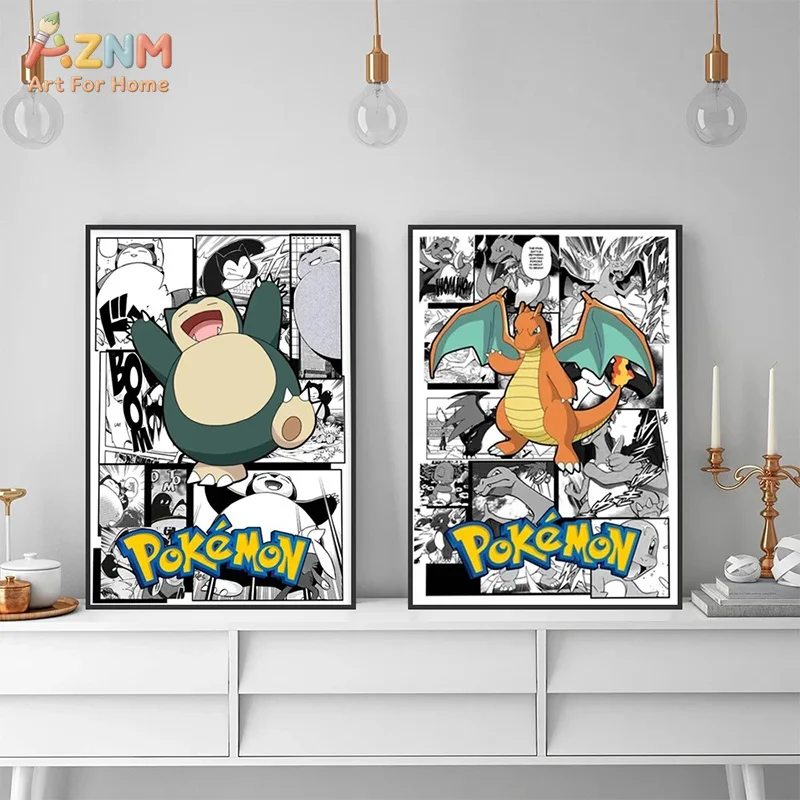 AZNM Pokemon Charizard Pikachu Snorlax Manga Panel Canvas Wall Print Unframed Black White Comic Anime Decor Poster