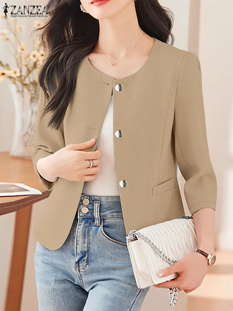 

ZANZEA, элегантные женские рубашки, осень 2021, модные сорочки на пуговицах с круглым вырезом и рукавами 3/4, женская офисная одежда, однотонная верхняя одежда