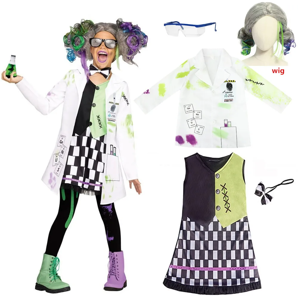 Girls Mad Scientist Costume Boys Crazy Scientist Halloween Costume for Kids Purim Party Cosplay with Glasses Wig