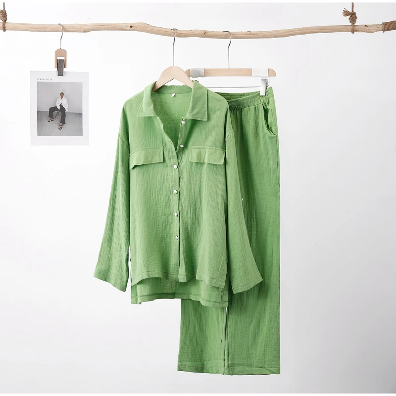 

Loose Loungewear 2 Pieces Pajamas Set For Women Turn-Down Collar Sleep Tops Cardigan Suits Long Pant Gauze Shirt Casual Homewear