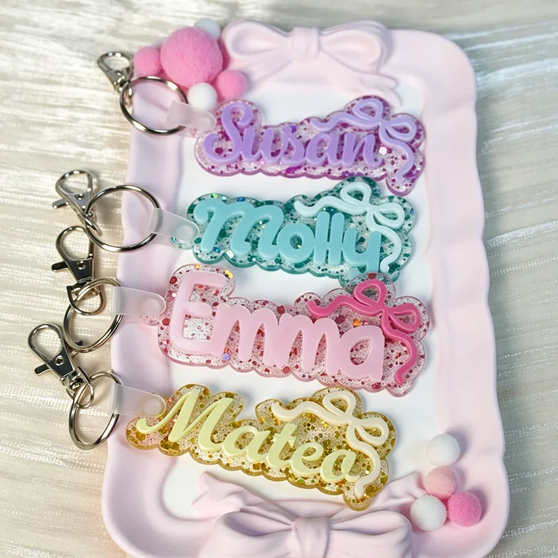 Girl's Heart Sparkling Pink Bow Customized Name Keychain Personalized Cute Glitter Acrylic Pendant  Give Friends Creative Gifts