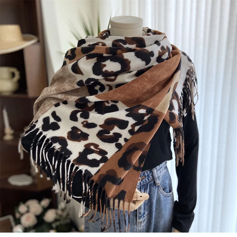 Stylish Faux Fur Leopard Print Wrap Shawl - Wraps & Pashminas - Soft, Warm, and Trendy Long Scarf with Fringe For Women Cashmere