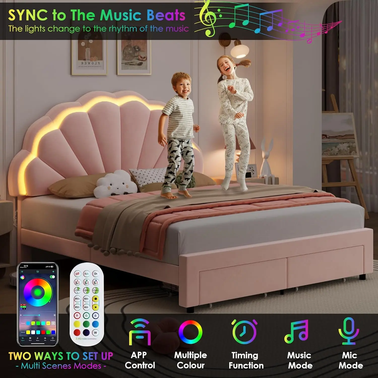 Full Size Upholstered Smart LED Bed Frame 2 Storage Drawers & Adjustable Chic Double Petal Headboard, Princess Platform Bed Pink