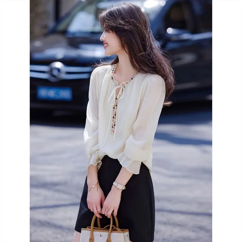 

Women's Embroidered Tie Neck Chiffon Blouse Casual Ruffle Sleeve Top