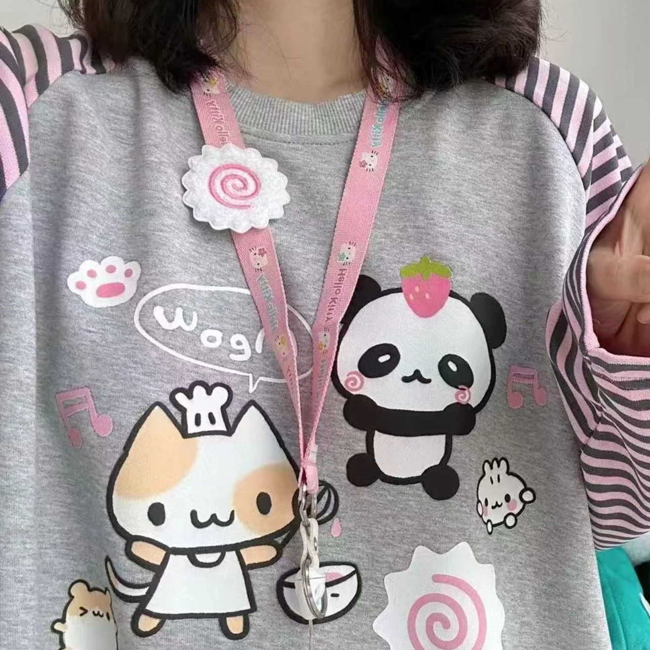 Japan Kawaii Cartoon Anime Print T-Shirt O-Neck Long Sleeve Top Youth Blouses Women\'s T-Shirt OTAKU Y2k Stripe Graphic T Shirts