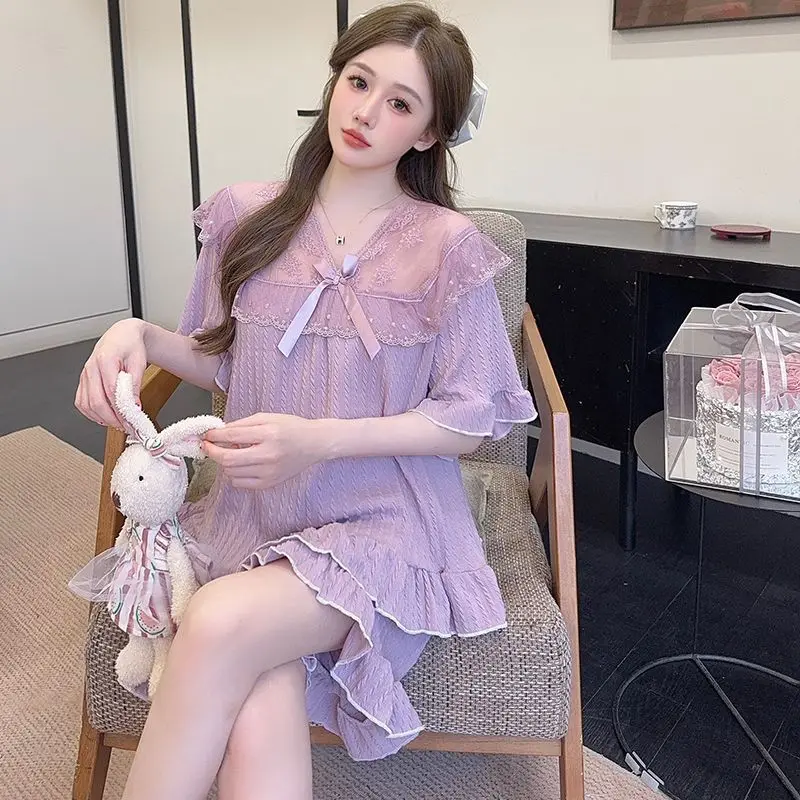 

5XL Plus Size Princess Style Pajamas Set Ladies Summer Lace Cotoon Short-Sleeved Shorts Home Clothes Direct Live Broadcast Pjs