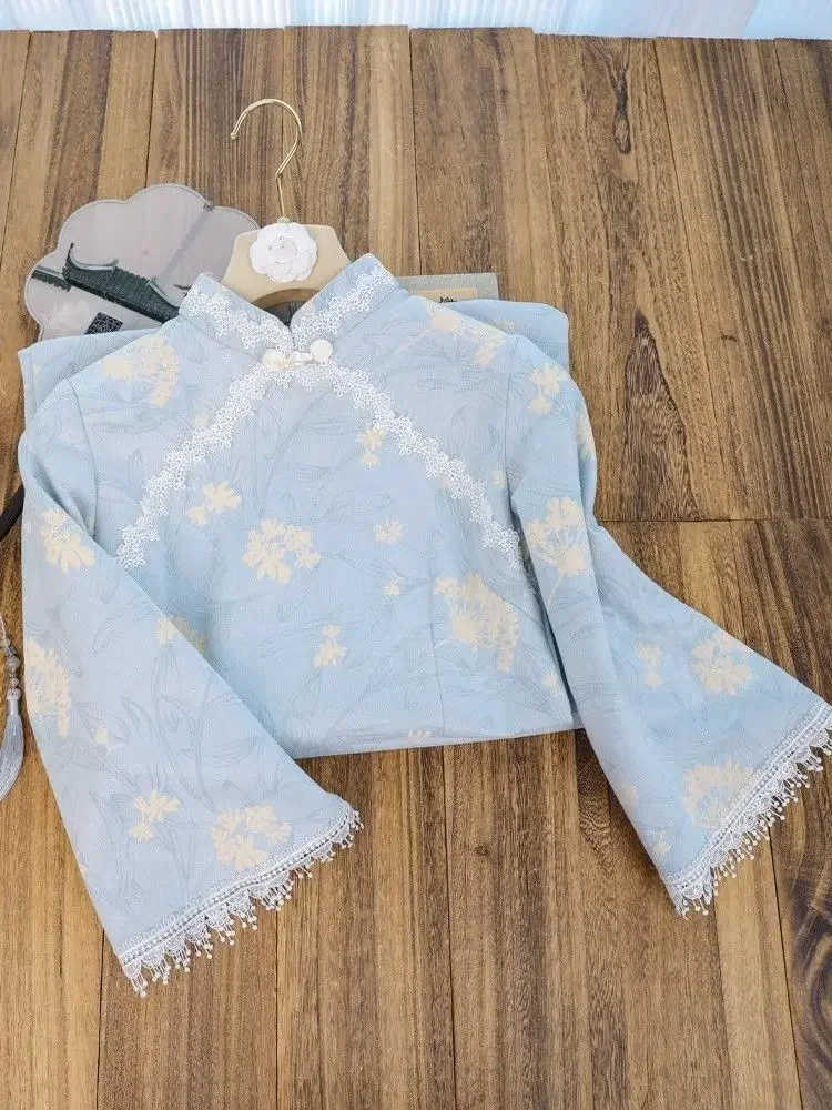 

Женское синее платье Cheongsam с перевернутым большим рукавом, весна 2024, новое элегантное платье в современном китайском стиле для женщин, длинные платья Qipao