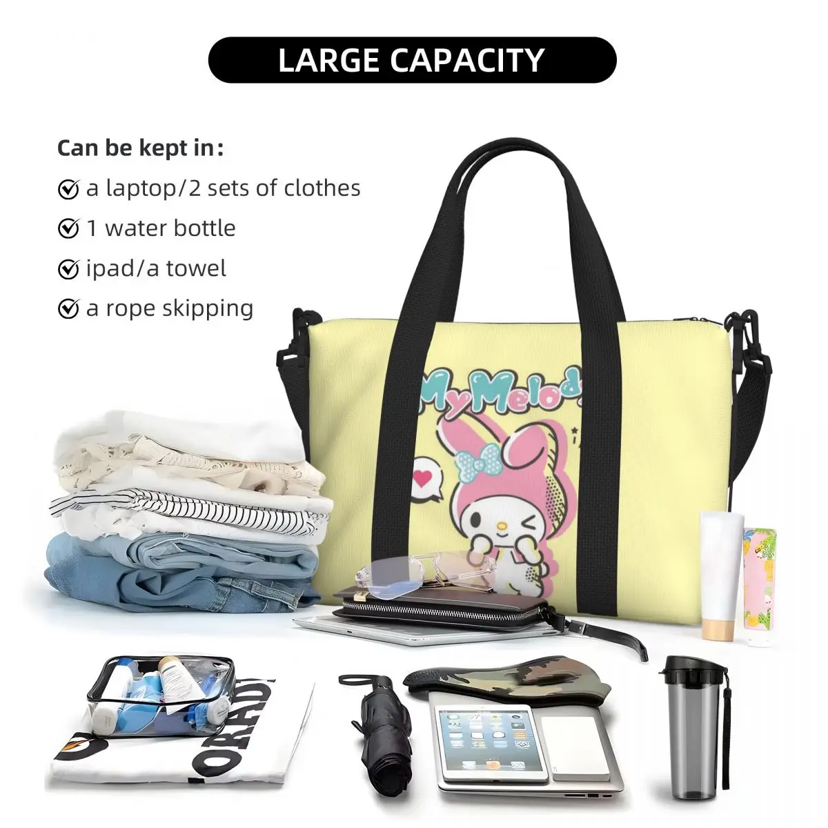 My Melody-Bolso de compras personalizado para mujer, bolsa de gran capacidad con dibujos animados, ideal para ir al gimnasio o a la playa