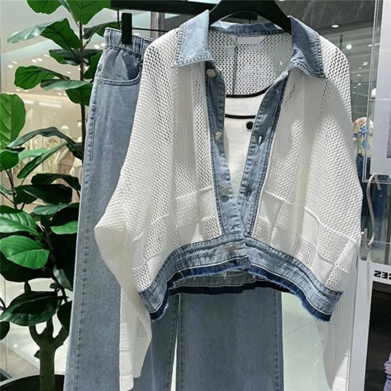 

High Quality Denim Patchwork Holloe Out Coat Women Spring Autumn Long Sleeve Runway Jackets High End Chic Outwear