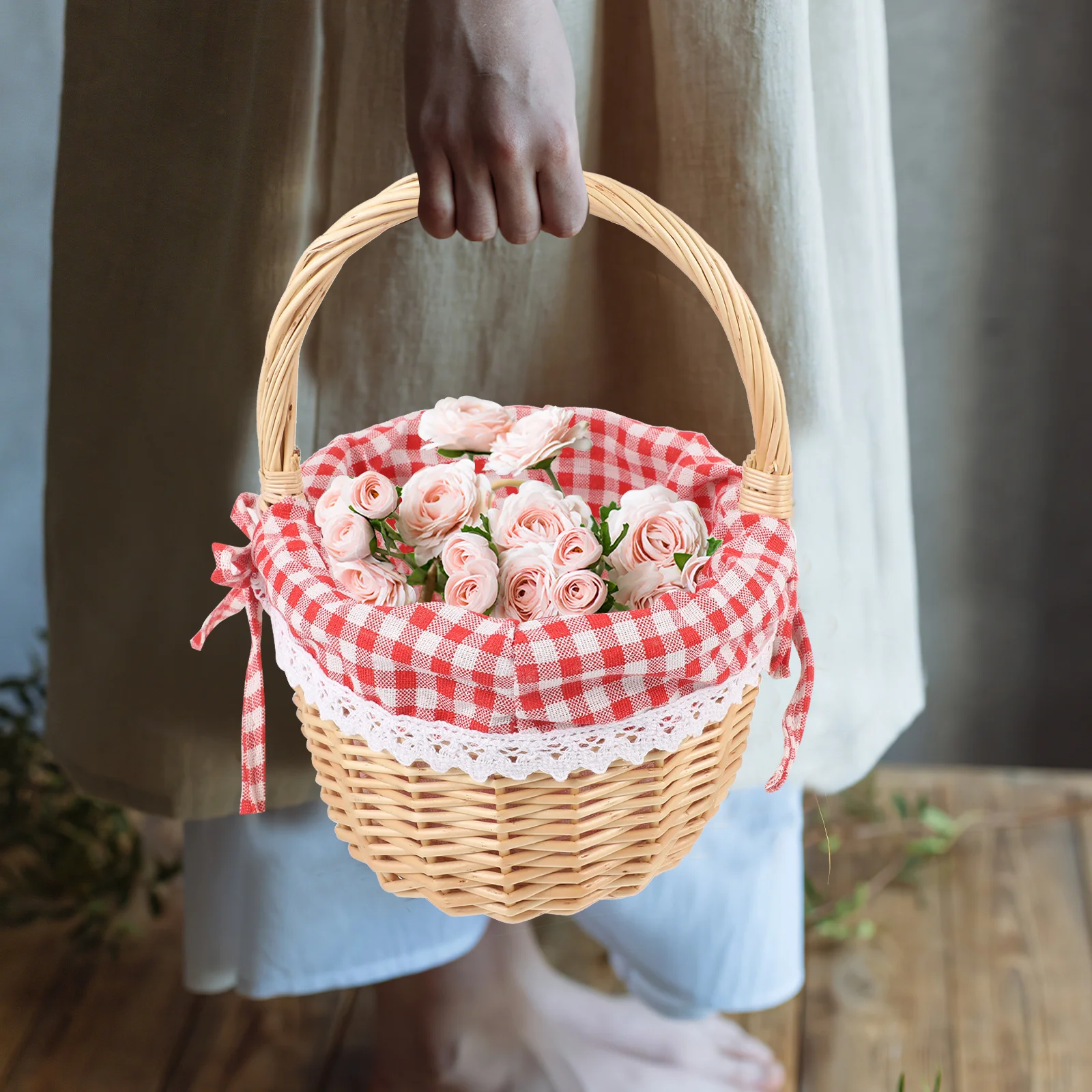 

Wicker Storage Basket Handmade Size S Red Plaid Linen Fruit Vegetable Bread Storage Picnic Wedding Gift Basket