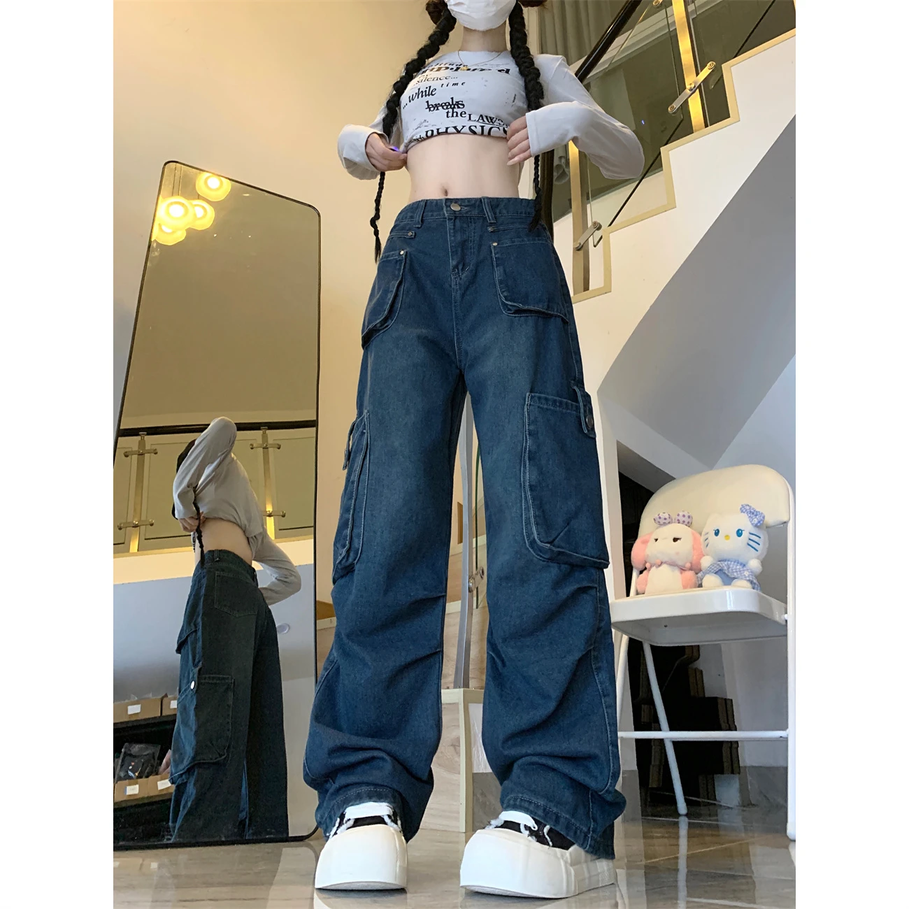 Women's Blue Cargo Baggy Jeans Y2K Pocket Japanese Harajuku High Street 2000s Style High Waist Wide Leg Jeans Clothing 2025 New