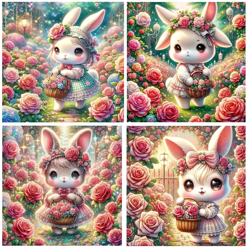 Fairy Dust AB 5D Diamond Art Painting Cute Rabbit Rose Garden Mosaic Cartoon Animal Embroidery Kit Cross Stitch Decor Home