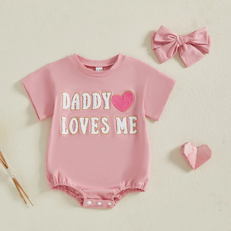 

SUNSIOM 0-18 Months Baby Girls Father's Day Romper Short Sleeve Round Neck Letter Heart Embroidery Jumpsuit with Headband