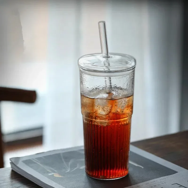 600ml hoch temperatur beständiger gestreifter Glas becher mit großem Fassung vermögen und transparentem Deckel Stroh trinkbecher Saft becher