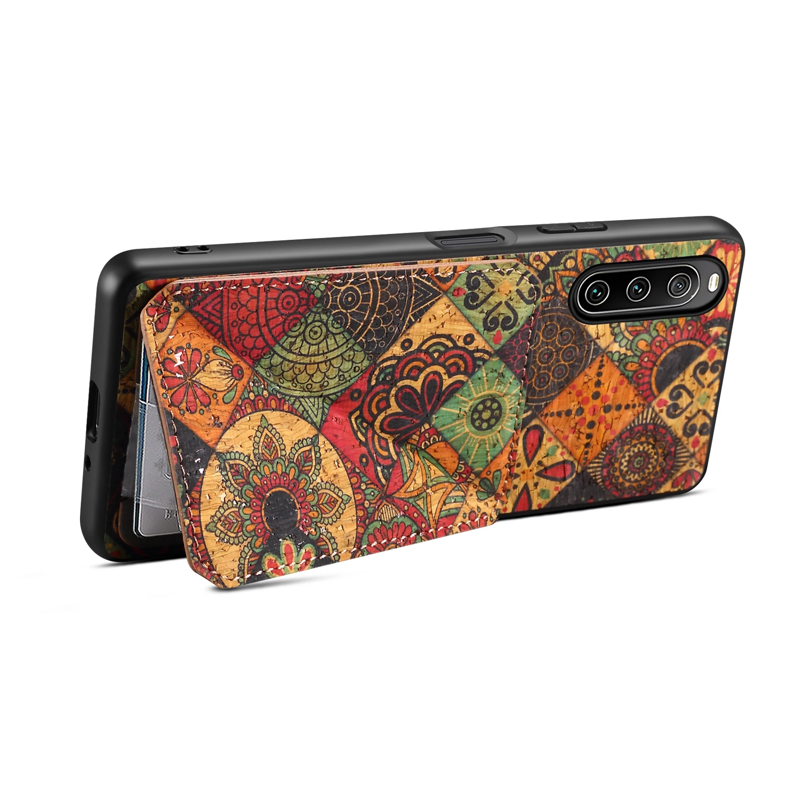 Denior Boho Floral Cork Wood Phone Cover Suitable for Sony Xperia 1 VII With Hidden Card Pocket Foldable Stand Shockproof Case view 4