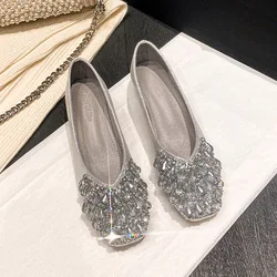 Luxury Rhinestones Women's Low Heel Shoes Shallow Mouth Comfortable Pumps Thick Heels Ladies Dress Small Leather Shoes Size34-42