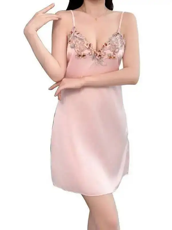 Novo verão feminino cinta de seda gelo camisola com renda colorida bordado cetim sexy puro desejo vestido sem mangas encantador uu3e