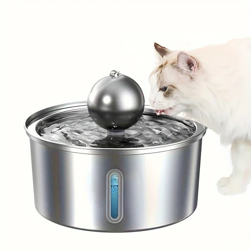 Water Level Window Pet Water Fountain 3.2L Stainless Steel with Ball Cat Fountain Cat Water Dispenser Cat Product