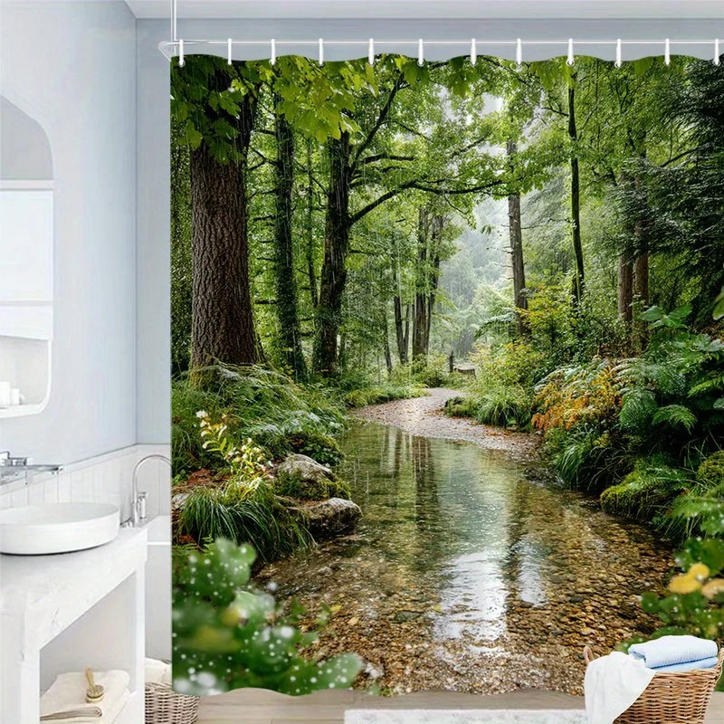 Tenda da doccia con stampa realistica di paesaggio naturale con fiume verde nella foresta, impermeabile e resistente alla muffa, con ganci in plastica