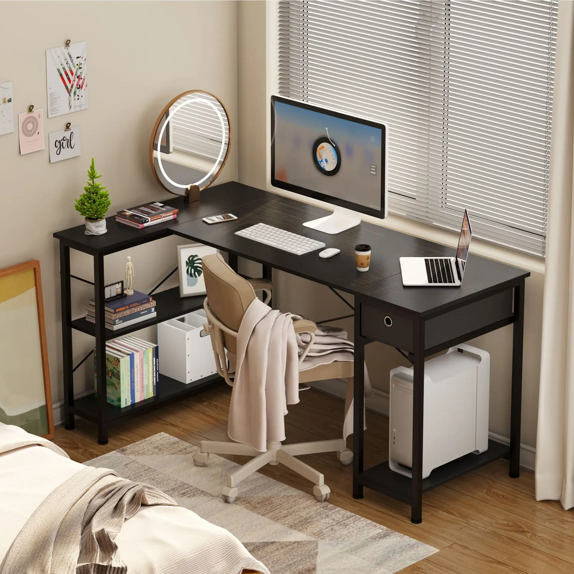 Corner computer desk with single drawer, home desk, against the wall, simple