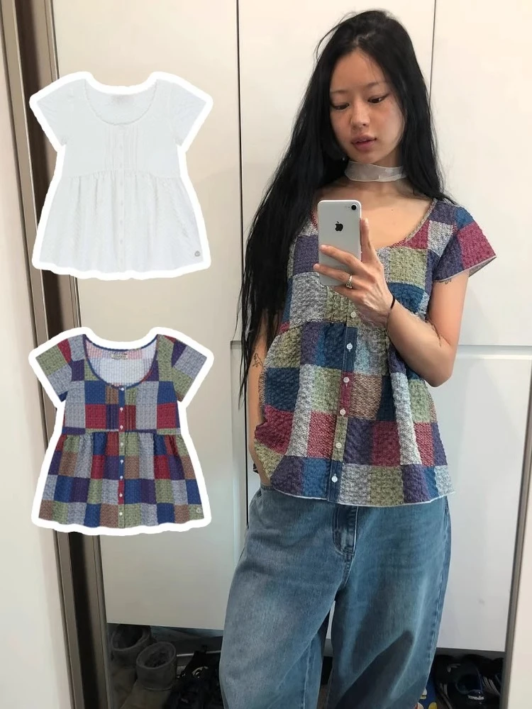 

Japanese Vintage Mori Girl Pleated Short Sleeved Shirt Summer New Color Block Patchwork Blouse Women Blusas De Mujer Y2k Top