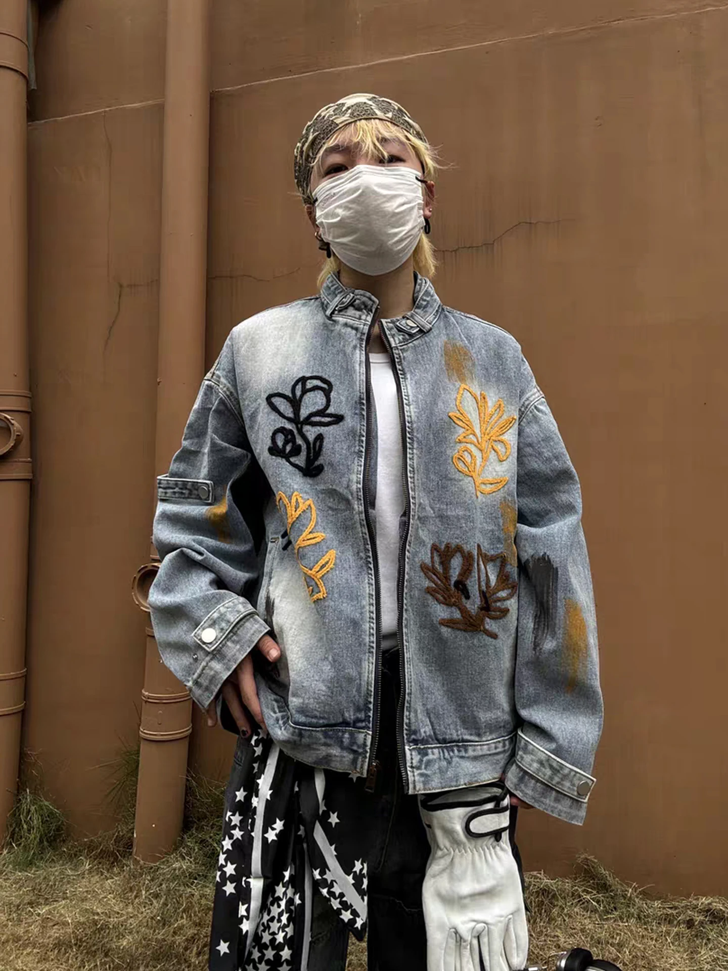 

Retro American Embroidered Floral Waed Loose Fit Stand Collar Jaet for Men Casual Daily Wear Vintage Sle Zipper Closure