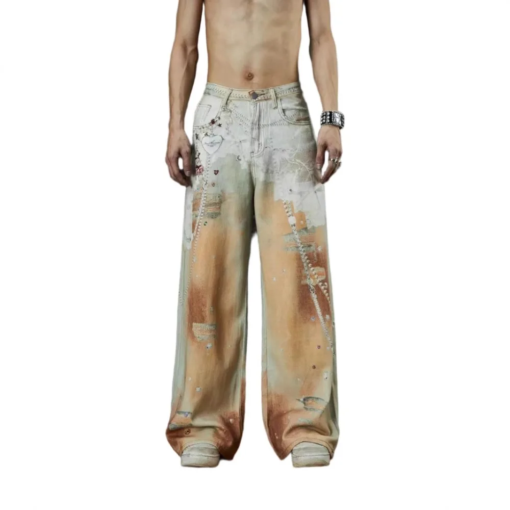 Heavy Industry Chain Printed Jeans Pants Mens Summer American Design Straight Tube Floor Pants and Women's pant
