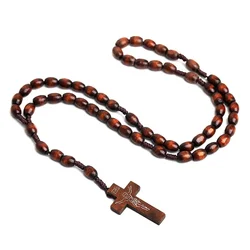 New Wooden Beads Cross Car Pendant For Women Men Catholic Christ Religious Jesus Rosary Jewelry Gift