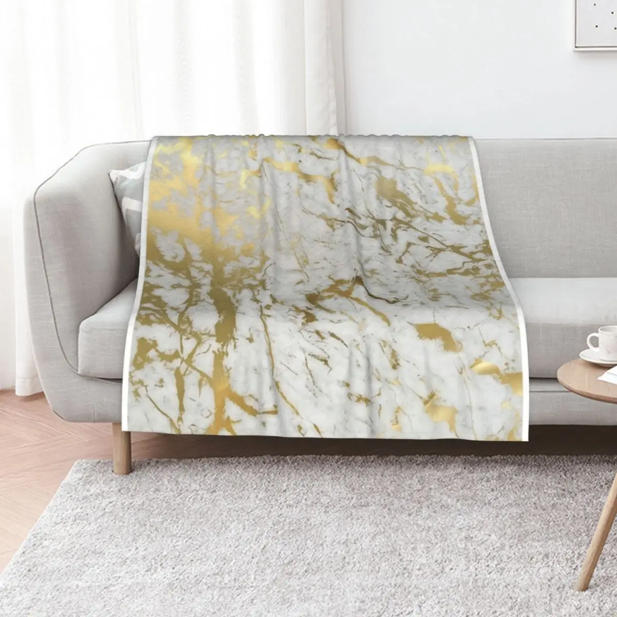Gold marble on white (original height quality print) Throw Blanket Quilt funny gift Plush Flannel Blankets
