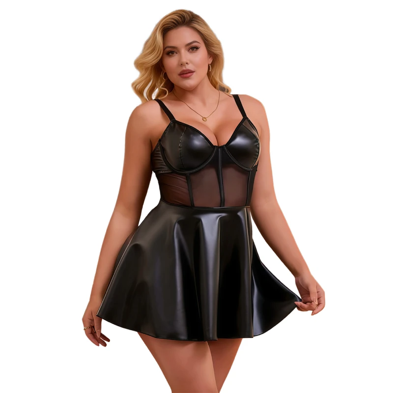 Women Sexy PU Leather Babydoll Dress Mesh Lingerie Underwire Nightdress Adjustable Straps With G-String Ruffle Club Dress S-2XL