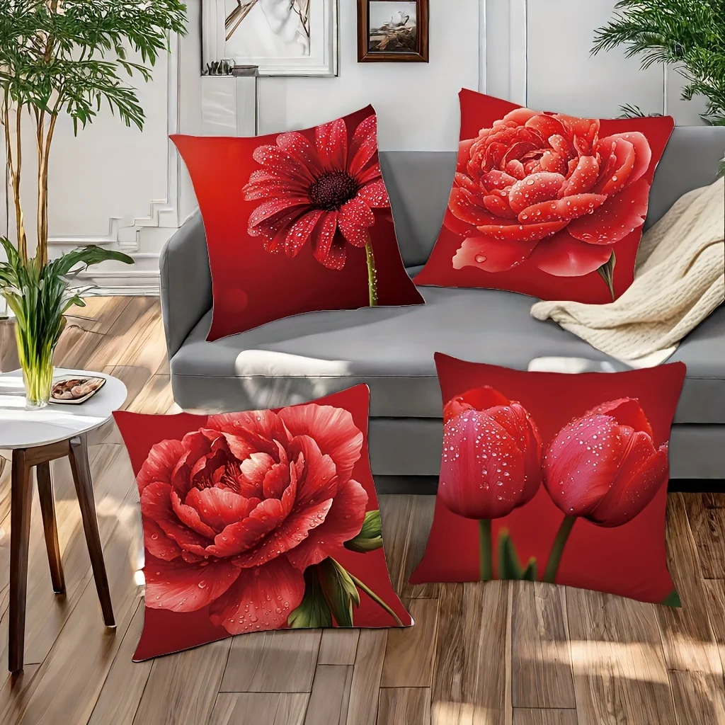 4pcs Red Peony Design digital printing pillow cover Short plush Suitable living rooms bedrooms sofas throw cushion cover