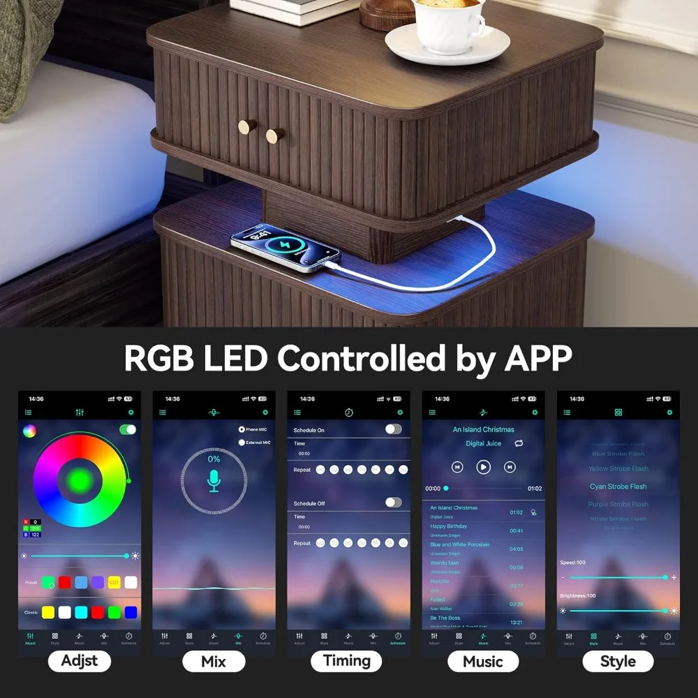 حامل ليلي، منضدة LED، منضدة حديثة مع قاعدة شحن، حامل ليلي مع درجين وباب منزلق، حافة متعرجة، S #5