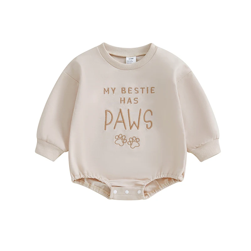 

Baby Boy Girl Sweatshirt Romper Paw Letter Embroidery Crew Neck Long Sleeve Jumpsuit for Winter Fall