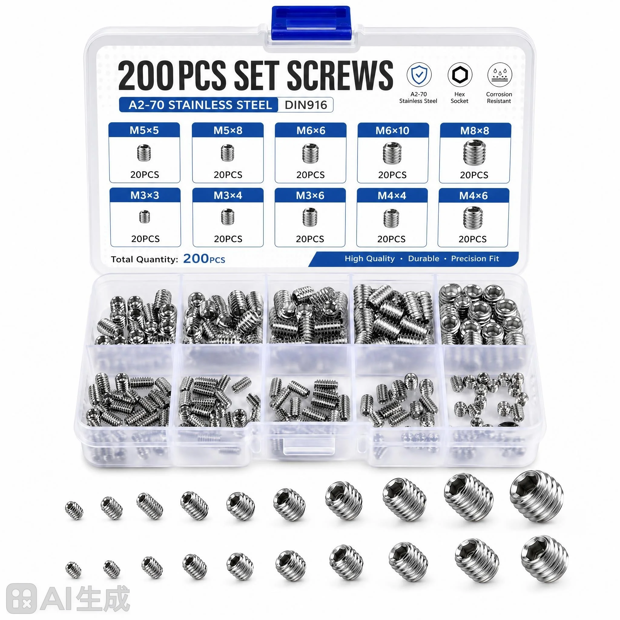 100/200pcs 304 Stainless Steel Allen Head Grub Screw Hex Set Assortment Cup Point Fasteners for DIY Projects