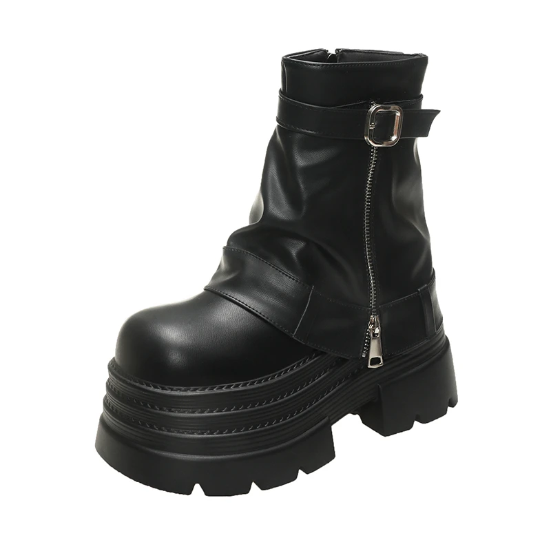 Women's Autumn Winter Leather Ankle Boots 10CM Heels Chunky Platform Combat Boots Non Slip Motorcycle Shoes Woman Punk Boots