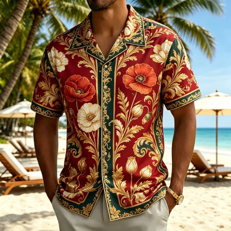 

Men's light luxury tropical floral print Hawaiian shirt, for summer vacations, beach parties, daily outfits, and music events