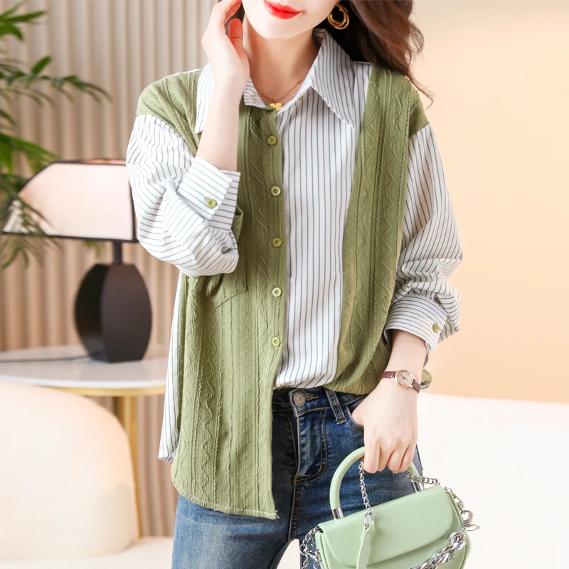 #6855 Autumn False Two Piece Shirt Women Split Joint Knitted Womens Tops And Blouses Long Sleeve Loose Vintage Irregular Shirts