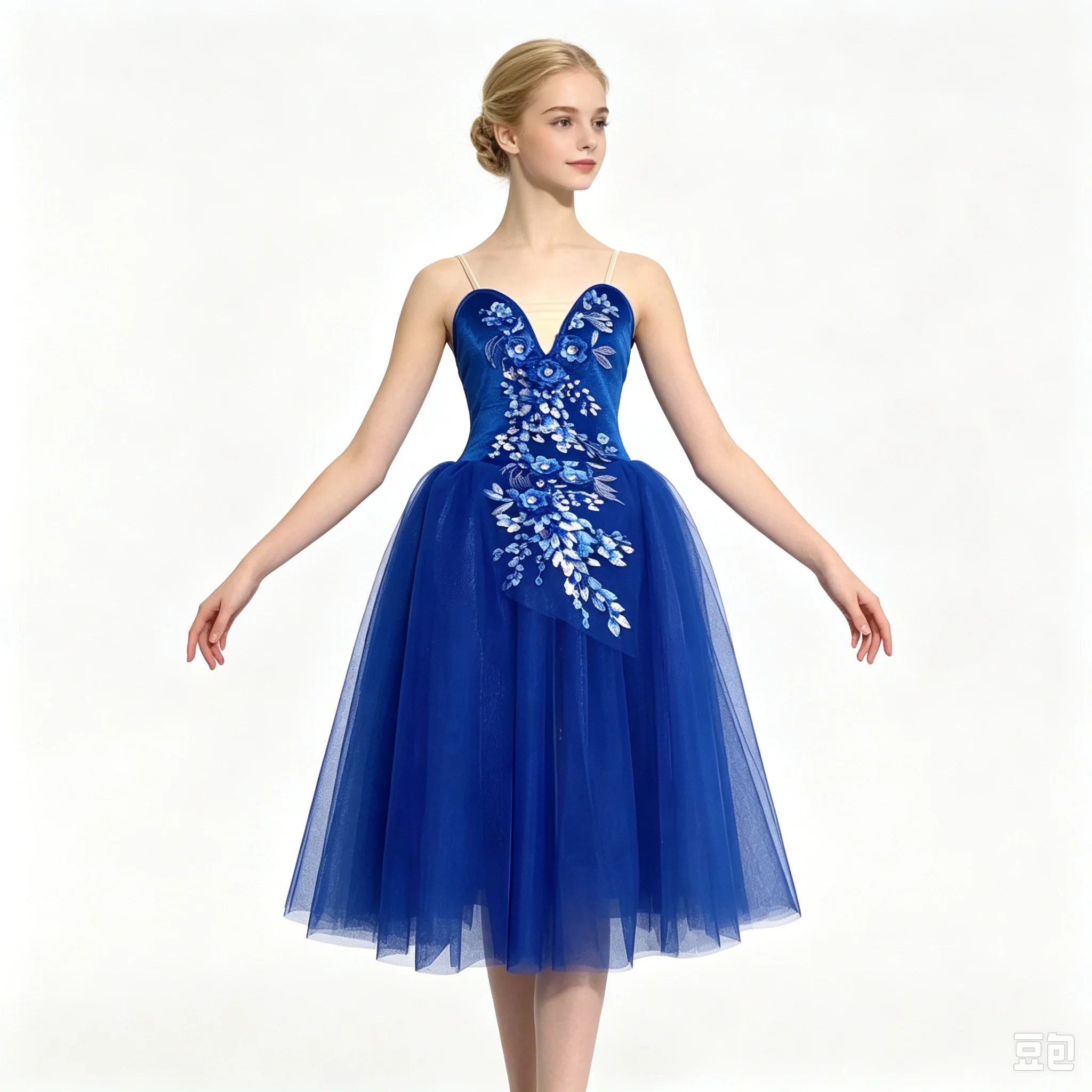 Girls Royal Blue Ballet Long Dress 3D Floral Embroidery Tulle Tutu Skirt Kids Stage Performance Costume Princess Dance Gown