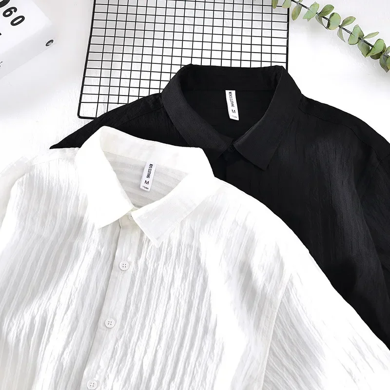Summer Short Sleeve White Shirt Men Japanese Style Casual Shirts Vertical Textured Shirts Male Cool Tops Daily Simple Clothing