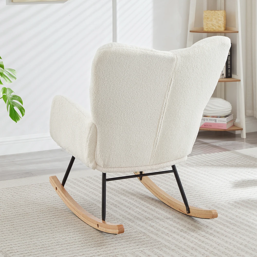 Chaise planeuse pour salon, chaise à bascule capitonnée et rembourrée en tissu Teddy avec cadre en métal, chaise d'appoint, blanc ivoire