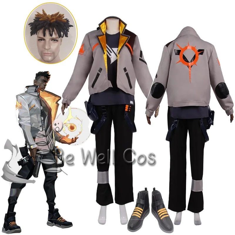 

Game Valorant Phoenix Cosplay Costume Wig Pants Coat Combat Uniform Men Halloween Party Carniavl Roleplay Outfits Shoes