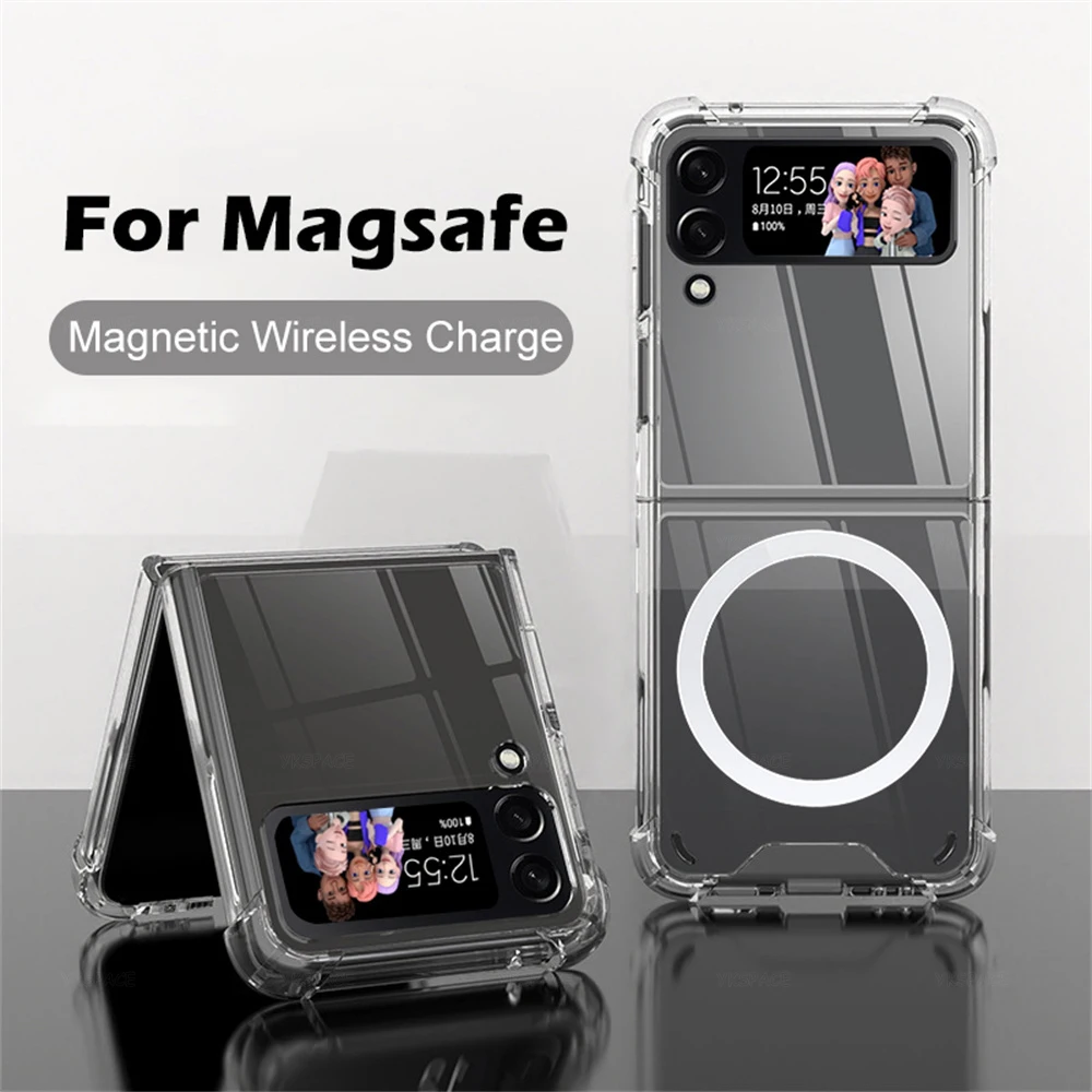 Transparent Shockproof Magnetic Folding Case For Samsung Galaxy Z Flip 3 4 5 6 W24 W23 Flip 5G Magsafe Hard PC Phone Cover