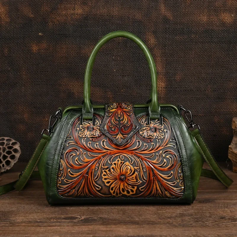 Vintage Women Handbag Floral Bag Ladies Shopping Leather Handbags 2024 Winter Handmade Chinese Style Female Tote Shoulder Bags