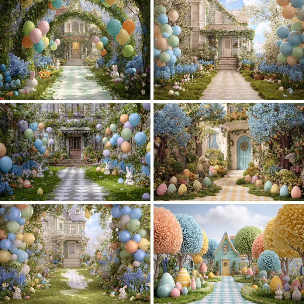 

Easter Balloon Bunny Photography Background Colorful Tree Spring Wooden House Easter Party Backdrop Baby Shower Photo Booth Prop