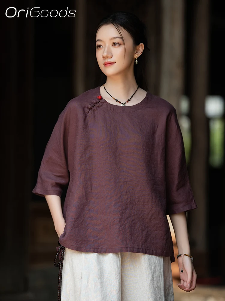 OriGoods Camicetta di lino estiva 2025 Nuova camicia di lino 100% manica corta Donna Stile cinese Vintage Loose Fit Top di lino Tshirt C124