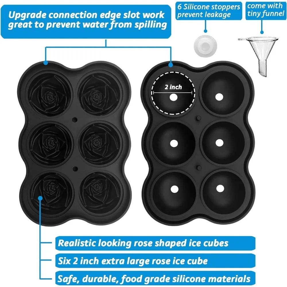 Rose Shaped Large Ice Cube Mold with Leak-proof Lid Perfect for Whisky Cocktails Beer Juice Homemade Drinks with Free 1 Funnel