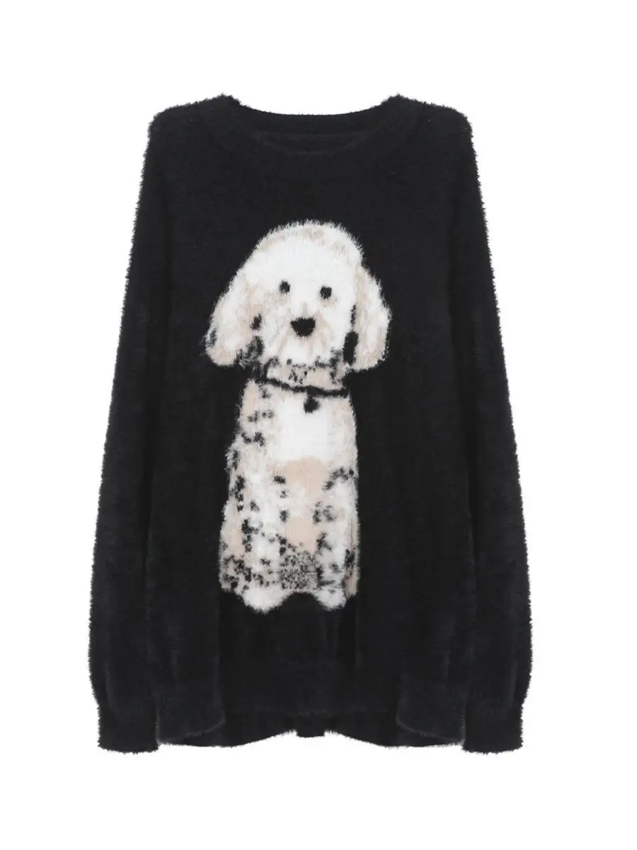 

Jacquard Spotted Dog Black Mohair Sweater Women Round Neck Long Sleeve Winter Knit Loose Slouchy Top